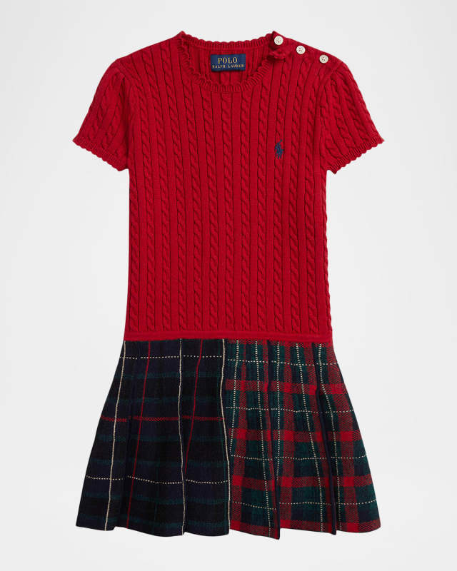 Girl's Plaid-Skirt Cotton Sweater Dress, Size 2-6X